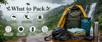 Essential packing list for Kerala monsoon including raincoat, waterproof backpack, hiking shoes and travel accessories.