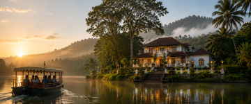 Luxury heritage resort beside a tranquil lake surrounded by lush hills in Kerala.