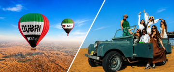 Hot air balloon flight and vintage Land Rover desert safari experience in Dubai.