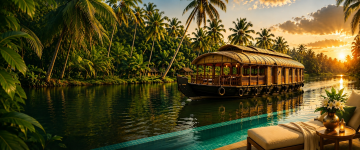Luxury Kerala houseboat sailing through tranquil backwaters with tropical palms, golden sunset, and premium resort amenities.
