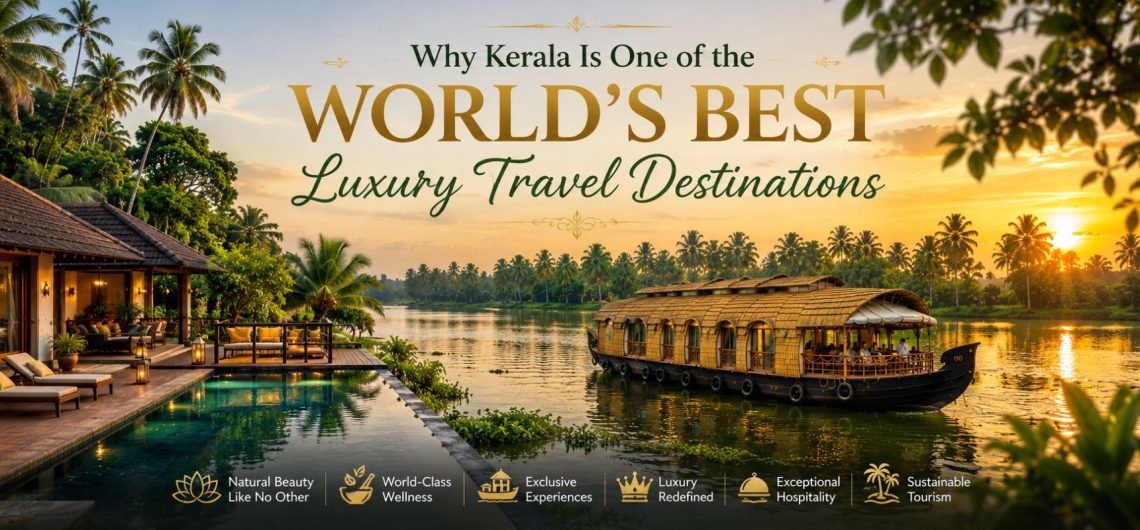 Luxury villa, infinity pool and traditional Kerala houseboat during sunset surrounded by lush tropical landscapes.