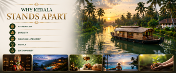 Luxury Kerala houseboat cruising through tranquil backwaters with wellness, culture and sustainable travel experiences.