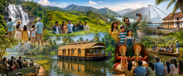 Friends and families enjoying Kerala houseboats, wildlife safari, tea gardens, cultural performances, and backwater cruises.