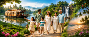 Family enjoying Kerala houseboat, waterfalls, tea plantations, tropical beaches, and scenic landscapes.