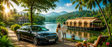 Luxury chauffeur car, couple overlooking Kerala backwaters, and premium houseboat experience by VooTours.