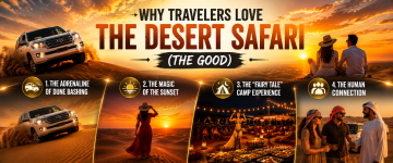 Travelers enjoying dune bashing, sunset photography, desert camp entertainment and Arabian hospitality during a Dubai Desert Safari.
