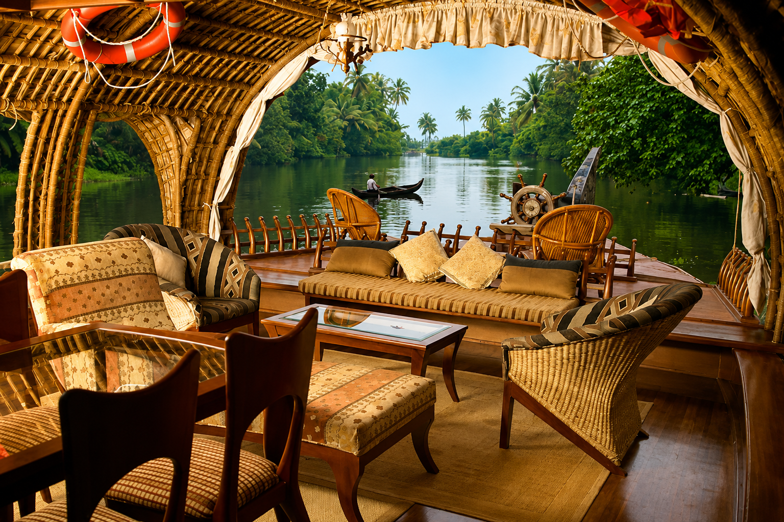 Luxury traditional Kerala houseboat interior cruising through the serene Alleppey backwaters surrounded by lush coconut palm trees.
