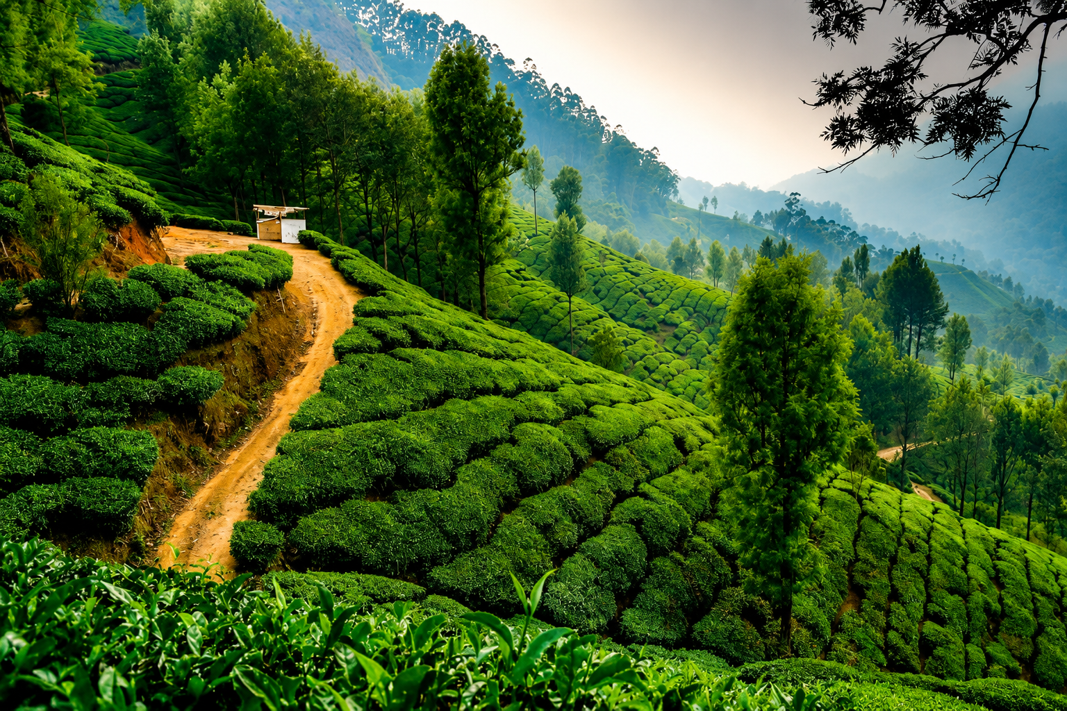 Lush green tea plantations covering the rolling hills of Munnar surrounded by tall trees.