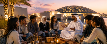 Young visitors learning about Emirati culture with a local Emirati host at Louvre Abu Dhabi