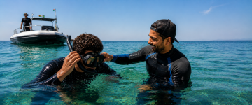 Beginner snorkeler receiving assistance from a guide in clear water near Snoopy Island