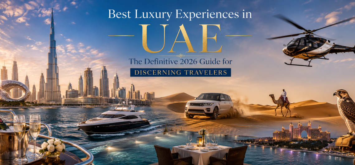Luxury travel guide featuring Dubai skyline, yacht, helicopter, desert safari, Atlantis The Palm, falcon, and fine dining.