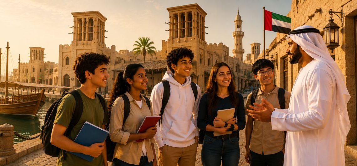Students exploring a traditional UAE heritage district with an Emirati cultural guide