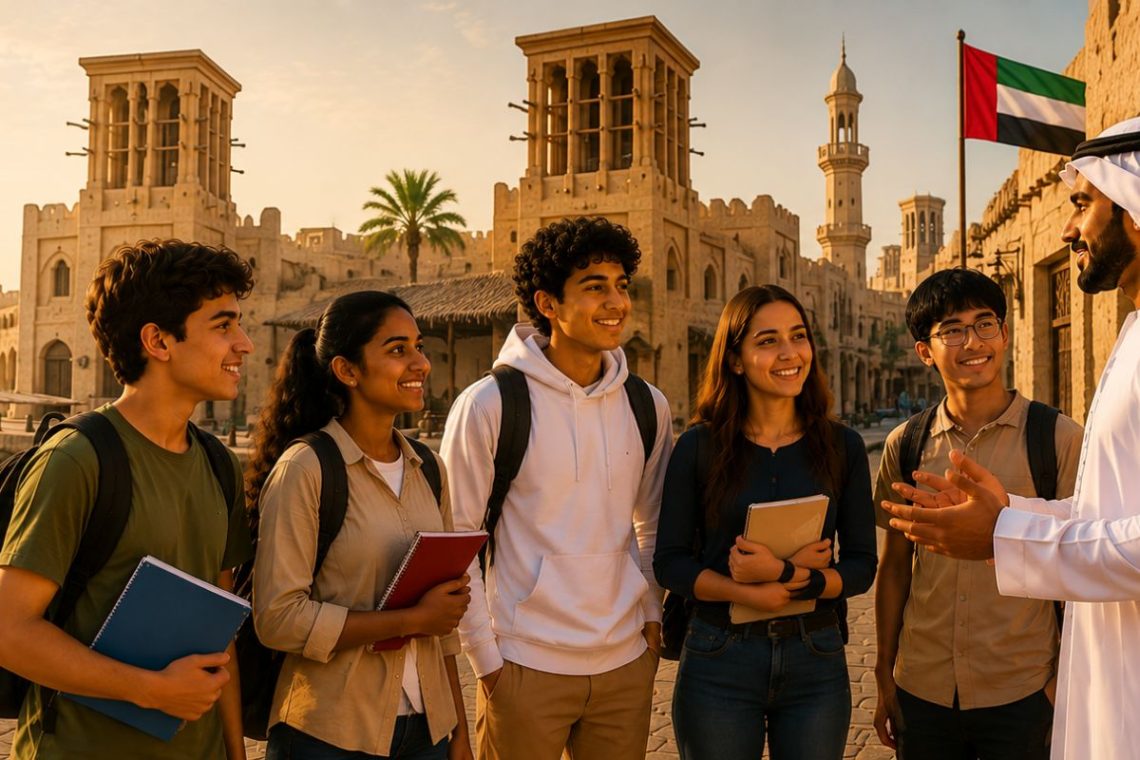 Students exploring a traditional UAE heritage district with an Emirati cultural guide