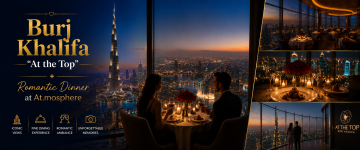 Couple enjoying a candlelight dinner at At.mosphere restaurant overlooking Dubai from Burj Khalifa.