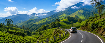Car traveling along a winding mountain road through green tea plantations in Munnar Kerala