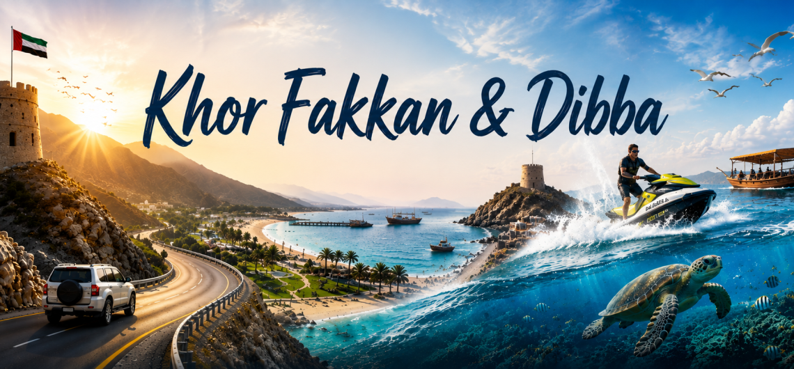 Khor Fakkan and Dibba UAE East Coast featuring Hajar Mountains, scenic coastal road, turquoise sea, beach, jet ski, traditional boat, sea turtle, and marine life