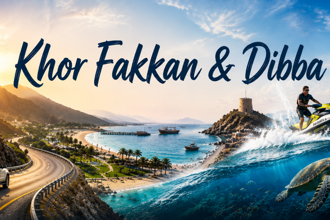 Khor Fakkan and Dibba UAE East Coast featuring Hajar Mountains, scenic coastal road, turquoise sea, beach, jet ski, traditional boat, sea turtle, and marine life