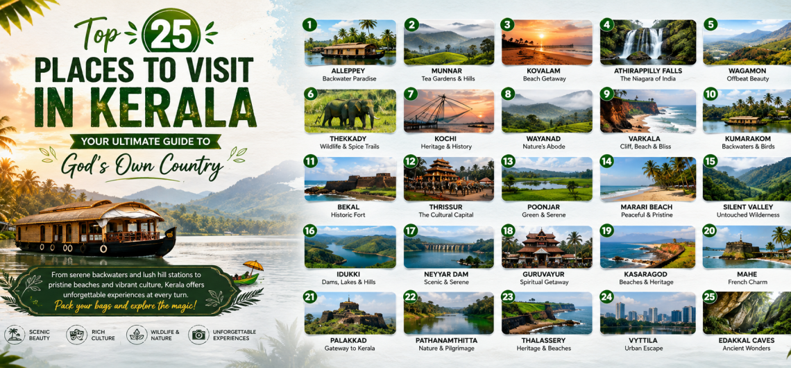 Creative travel infographic showcasing the top 25 places to visit in Kerala, including Alleppey, Munnar, Kovalam, Athirappilly Falls, Thekkady, Kochi, Wayanad, Varkala, Kumarakom, Bekal, Guruvayur, Silent Valley, Edakkal Caves, and other popular destinations.