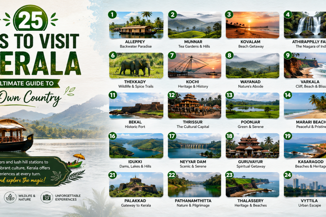 Creative travel infographic showcasing the top 25 places to visit in Kerala, including Alleppey, Munnar, Kovalam, Athirappilly Falls, Thekkady, Kochi, Wayanad, Varkala, Kumarakom, Bekal, Guruvayur, Silent Valley, Edakkal Caves, and other popular destinations.