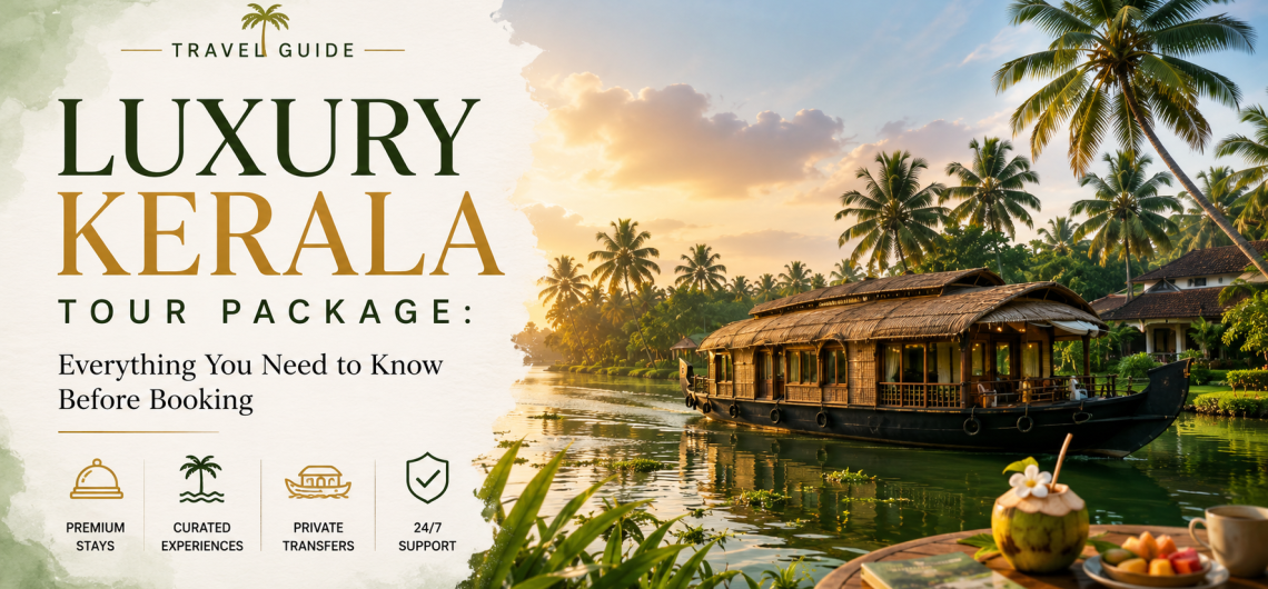 A scenic Kerala travel blog feature image showing a luxury houseboat on the backwaters at sunset with the title