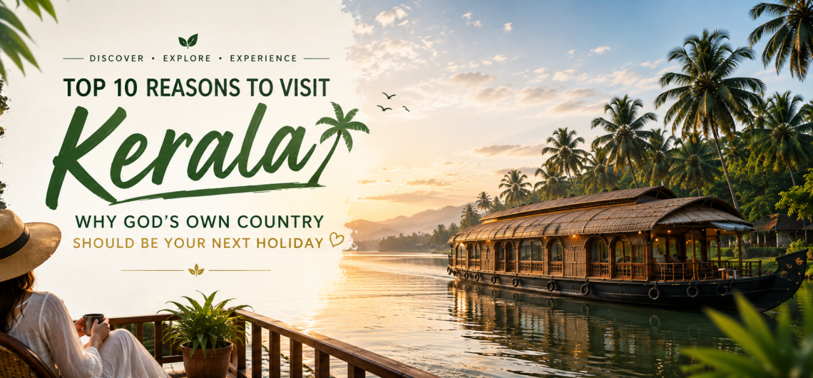Editorial travel banner featuring Kerala's iconic houseboat on the backwaters, tropical palm trees, cultural photo collage, and travel icons highlighting beaches, Ayurveda, wildlife, cuisine, and scenic landscapes.