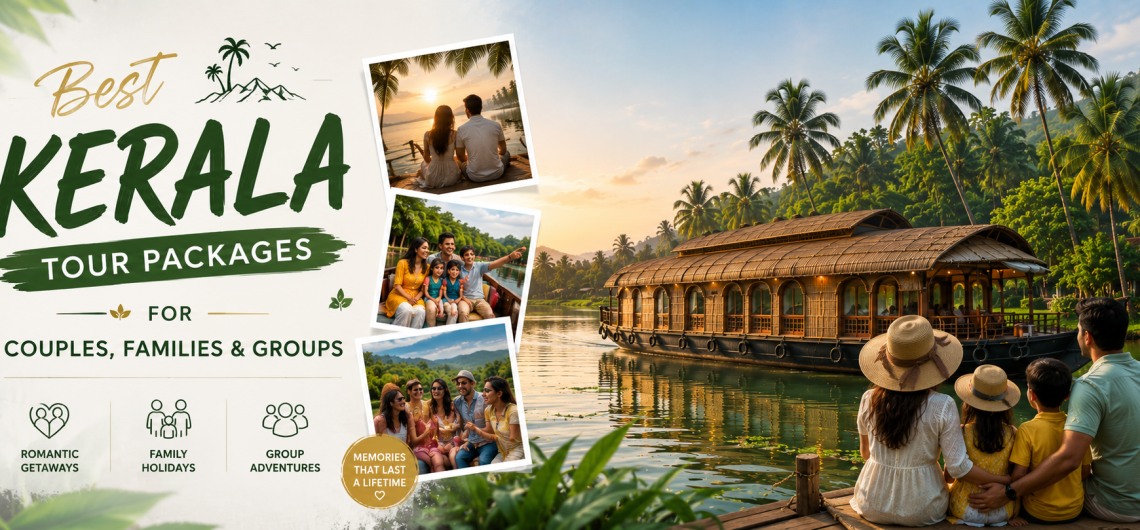 Luxury Kerala blog feature image showing a traditional houseboat cruising through peaceful backwaters at sunset with couples, families, and group travelers enjoying the scenic landscape.