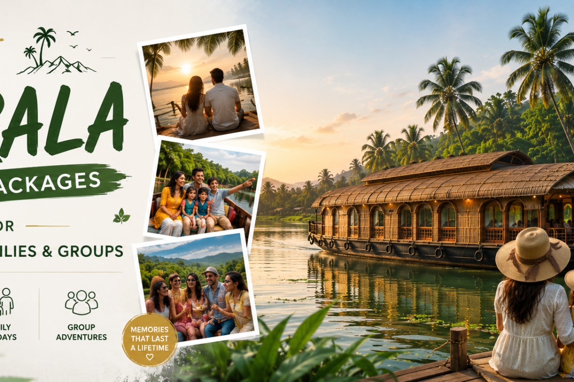 Luxury Kerala blog feature image showing a traditional houseboat cruising through peaceful backwaters at sunset with couples, families, and group travelers enjoying the scenic landscape.