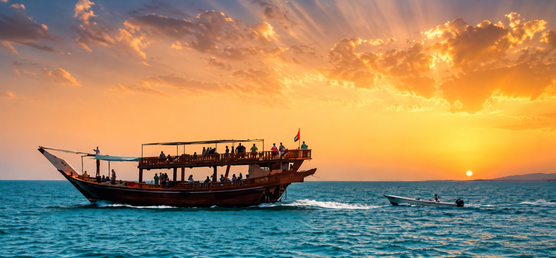Traditional Omani dhow interior with comfortable seating and refreshments cruising through the Musandam fjords.