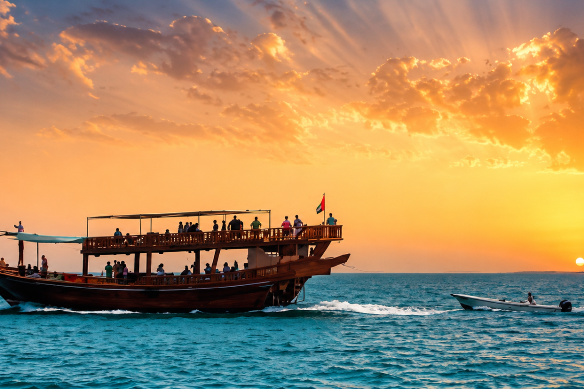 Traditional Omani dhow interior with comfortable seating and refreshments cruising through the Musandam fjords.
