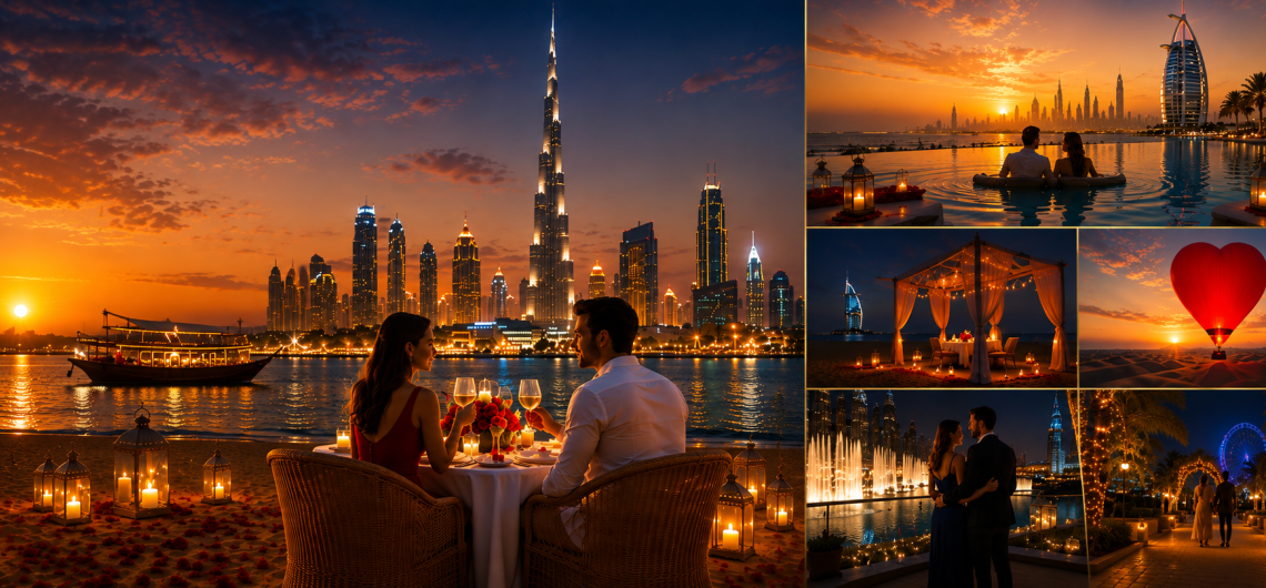 Romantic Dubai collage featuring a beachfront candlelight dinner, Burj Khalifa skyline, infinity pool, private beach cabana, hot air balloon, Dubai Fountain, and evening city walks for couples.