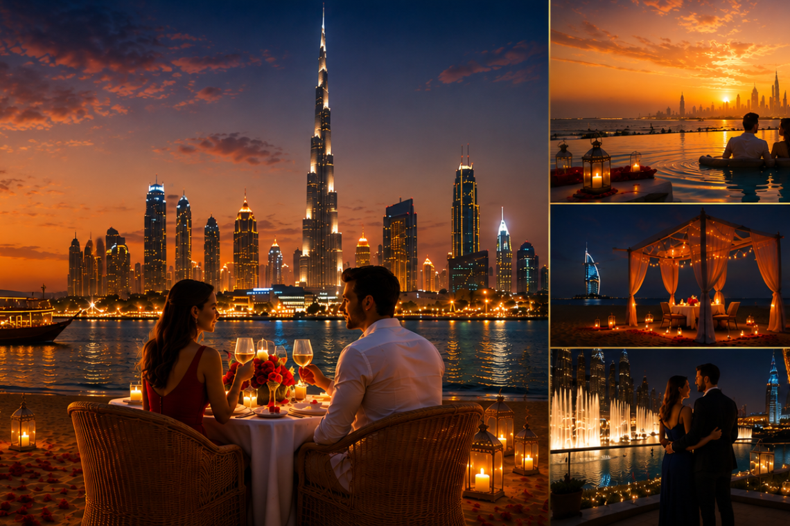 Romantic Dubai collage featuring a beachfront candlelight dinner, Burj Khalifa skyline, infinity pool, private beach cabana, hot air balloon, Dubai Fountain, and evening city walks for couples.