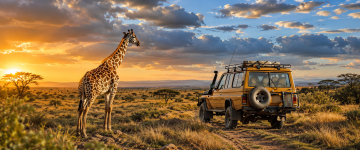 Giraffe standing beside a safari vehicle overlooking an African-style savannah at sunset.
