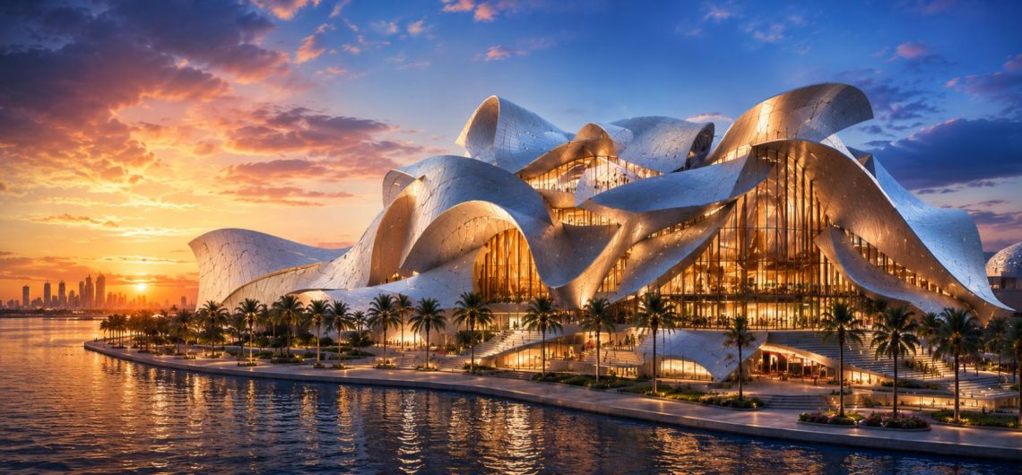 Dar al Funoon Abu Dhabi Frank Gehry-designed performing arts landmark at sunset