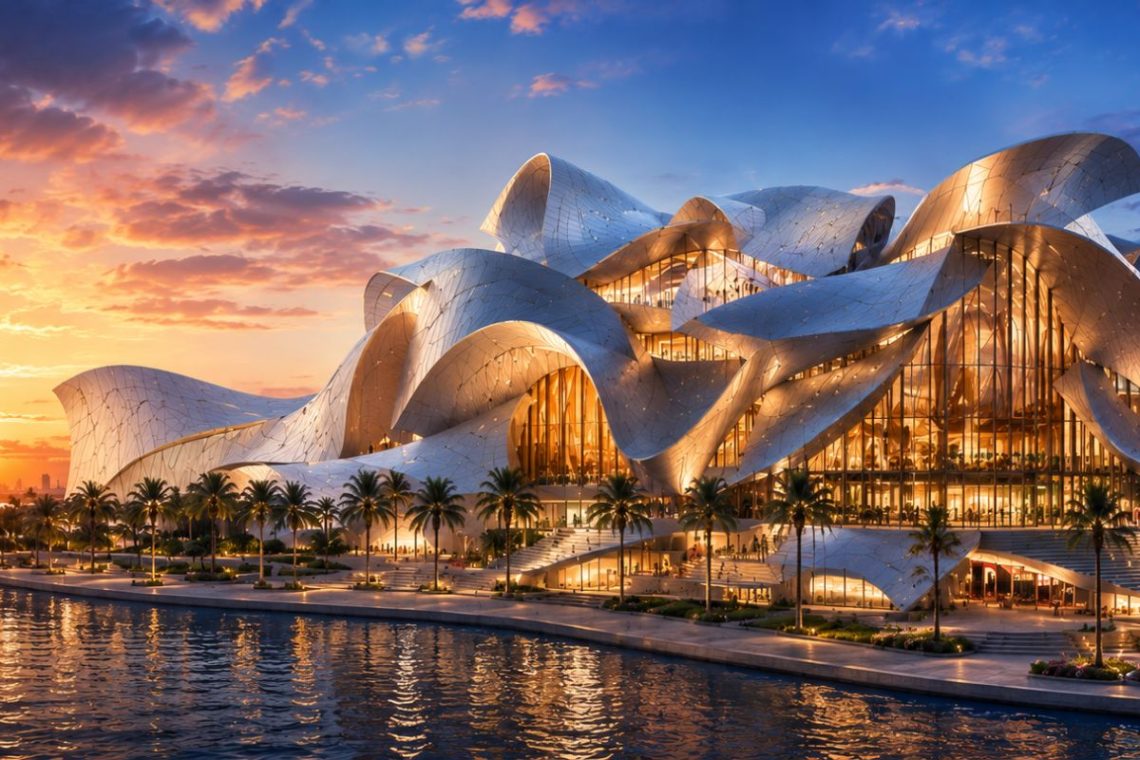 Dar al Funoon Abu Dhabi Frank Gehry-designed performing arts landmark at sunset