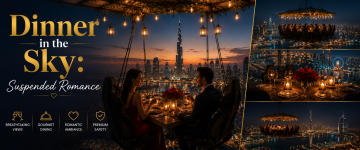 Couple enjoying Dinner in the Sky suspended above Dubai skyline at night.