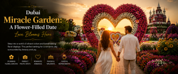 Couple walking hand in hand through the heart-shaped floral arches at Dubai Miracle Garden.