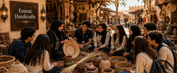 Students learning traditional Emirati palm weaving and handicrafts during a cultural workshop