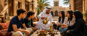Emirati host serving Arabic coffee to students during a traditional UAE hospitality experience