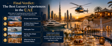 Ranking of the best luxury experiences in the UAE including yacht charter, helicopter tour, Al Maha Desert Resort, Abu Dhabi city tour, and Emirates Palace afternoon tea.