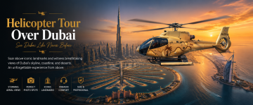 Luxury helicopter flying above Palm Jumeirah, Burj Khalifa, and Burj Al Arab during sunset.