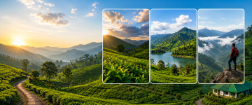 Scenic Munnar tea plantations with mountain viewpoints, sunrise scenery and trekking landscapes