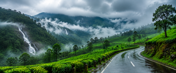 Rain-soaked road through Munnar tea plantations with waterfalls and misty mountains during monsoon
