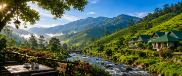 Sunny Munnar tea plantations, mountain stream and hillside cottages during summer