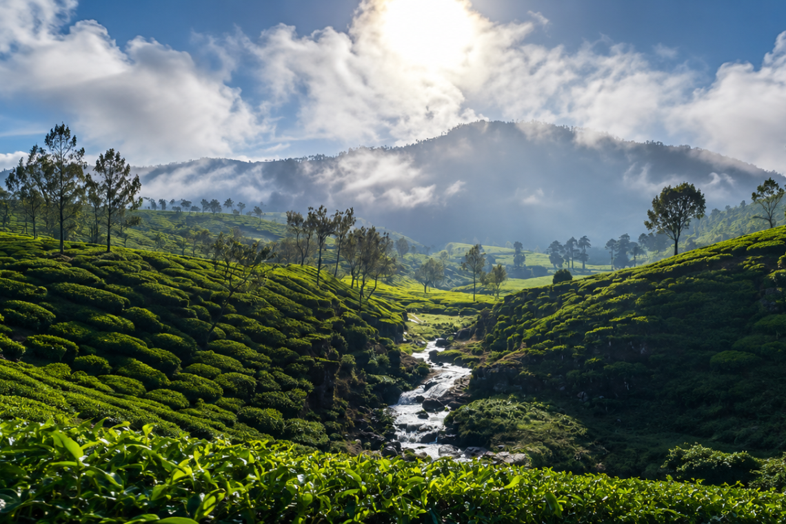 Scenic Munnar tea plantations with mountain stream, misty hills and dramatic clouds in Kerala