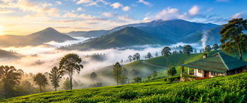 Mist floating over Munnar tea plantations and mountain cottage during the cool season