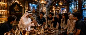 Emirati cultural host demonstrating oud and bukhoor fragrances to students in the UAE