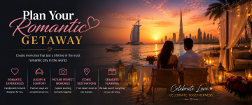 Romantic couple enjoying a candlelit beach dinner at sunset with the Burj Al Arab and Dubai skyline in the background.