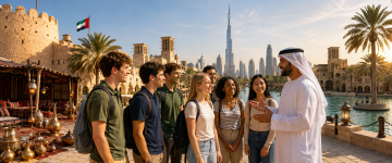 International student group exploring Emirati culture with a local guide in the UAE