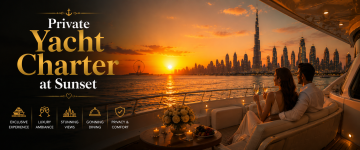 Couple enjoying a private luxury yacht charter at sunset with views of the Dubai skyline and Burj Khalifa.