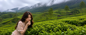 Woman enjoying fresh tea leaves in a lush Munnar tea plantation surrounded by misty mountains